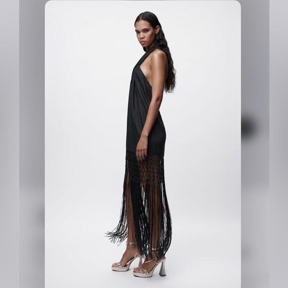 Zara Black LINEN DRESS WITH FRINGE Size Large - Picture 11 of 16